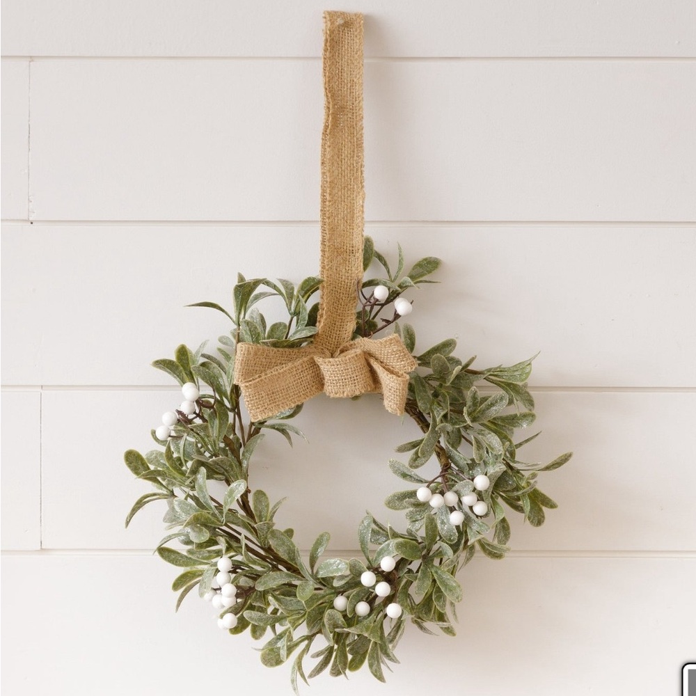 Frosted Mistletoe w/ Burlap Bow Mini Wreath